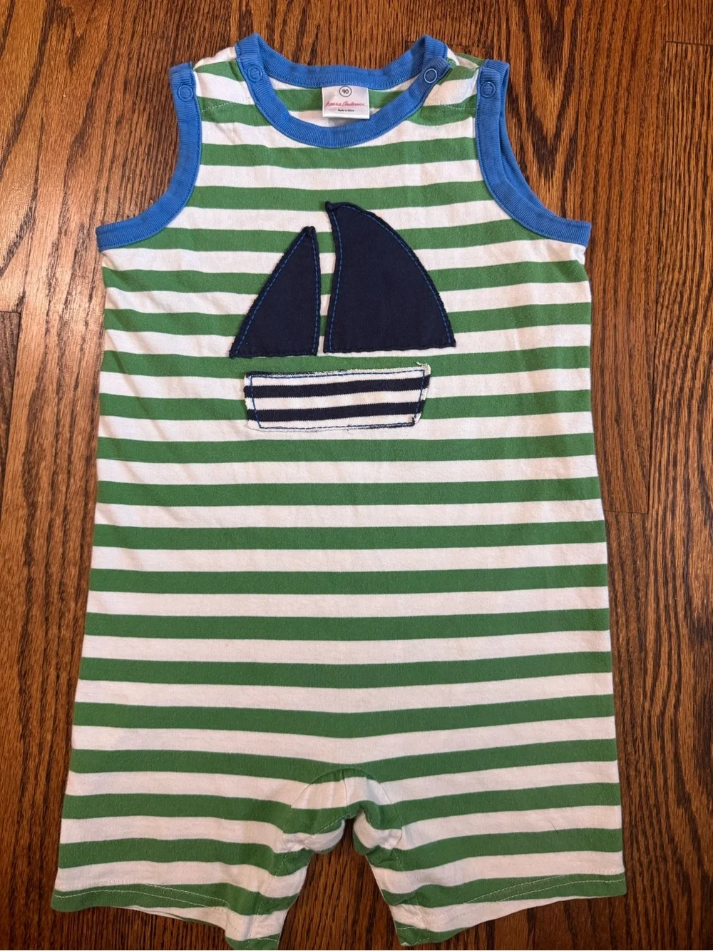 Hanna Andersson 2T Sailboat Striped Tank Romper Green White Cotton Nautical